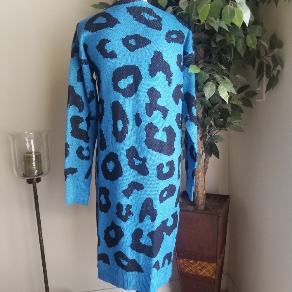 New! Blue Leopard Print Long Cardigan Sweater - Picture 6 of 7